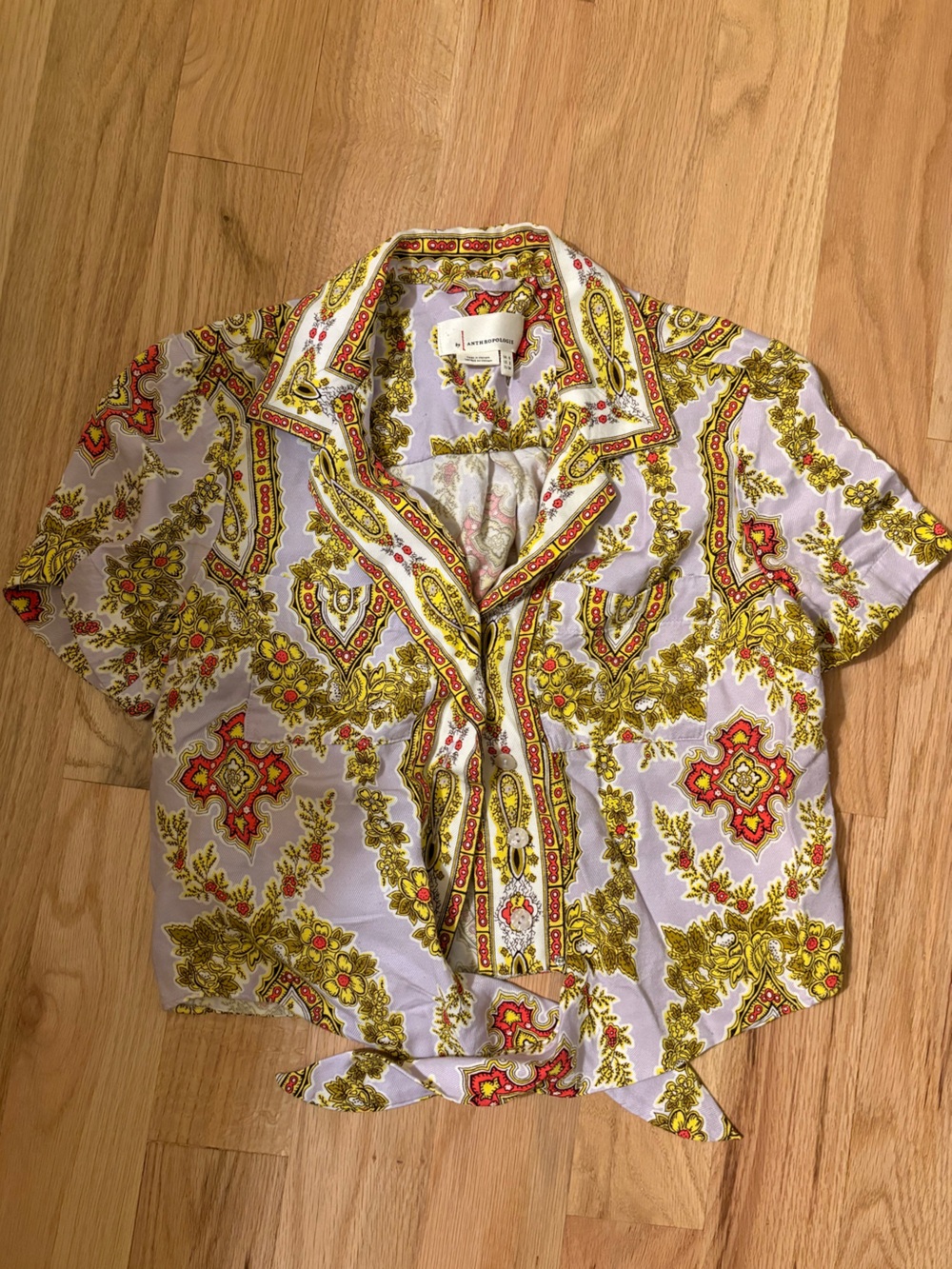 Anthropologie Lavender Paisley Button-Down Shirt with Yellow & Red Motifs